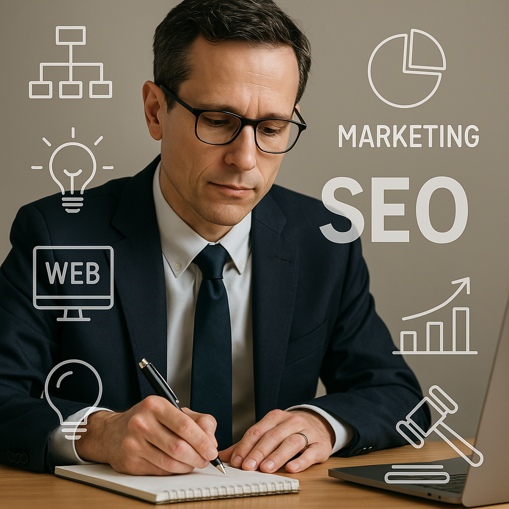 Lawyer working at desk with SEO icons and location pin, representing SEO for Australian law firms