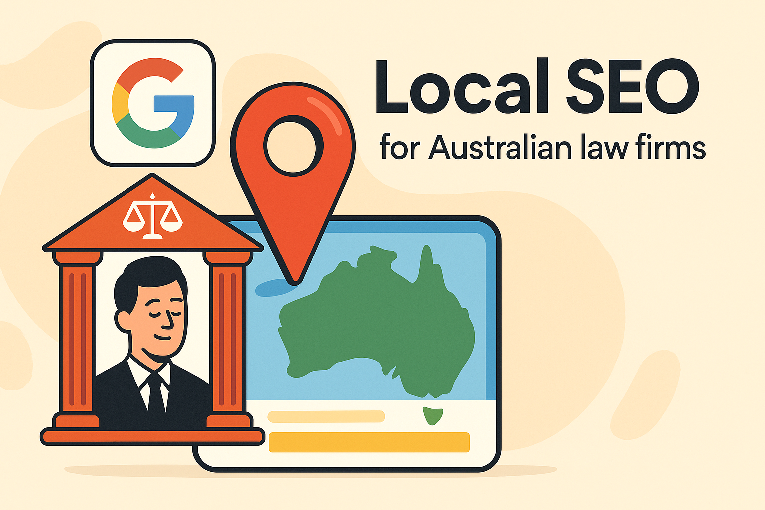 Illustration of an Australian law firm pinned on Google Maps, colourful and minimal.