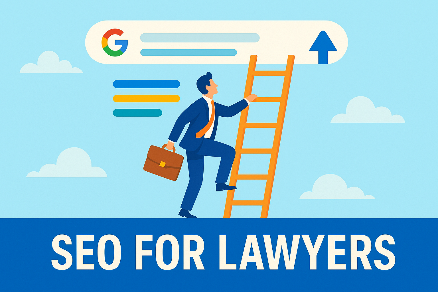 Illustration of a lawyer climbing a ladder towards a Google search bar, with a news-style banner reading 'SEO for Lawyers
