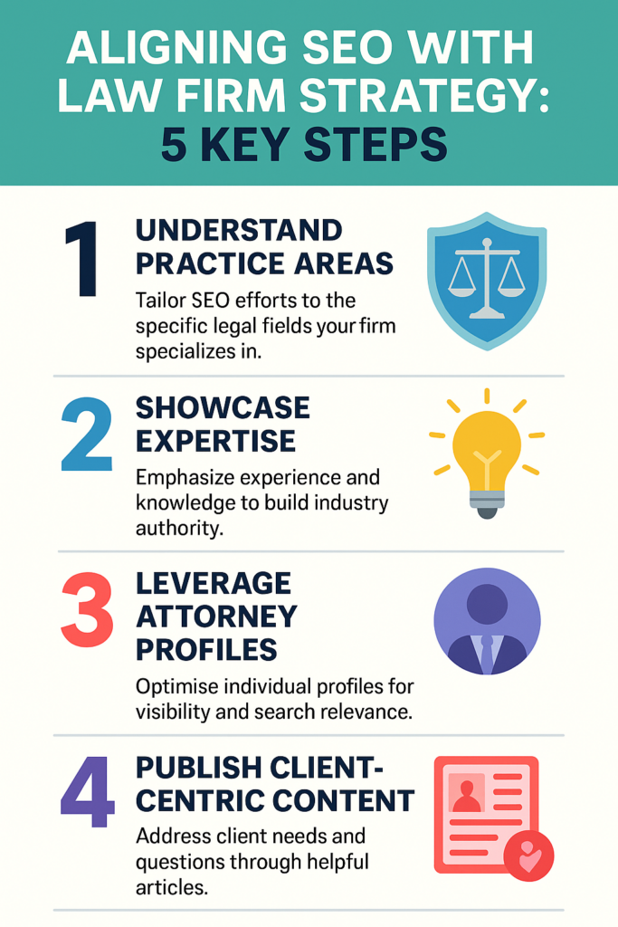 Infographic titled 'Aligning SEO with Law Firm Strategy: 5 Key Steps' showing numbered sections with icons and descriptions for understanding practice areas, showcasing expertise, leveraging attorney profiles, publishing client-centric content, and auditing SEO regularly.