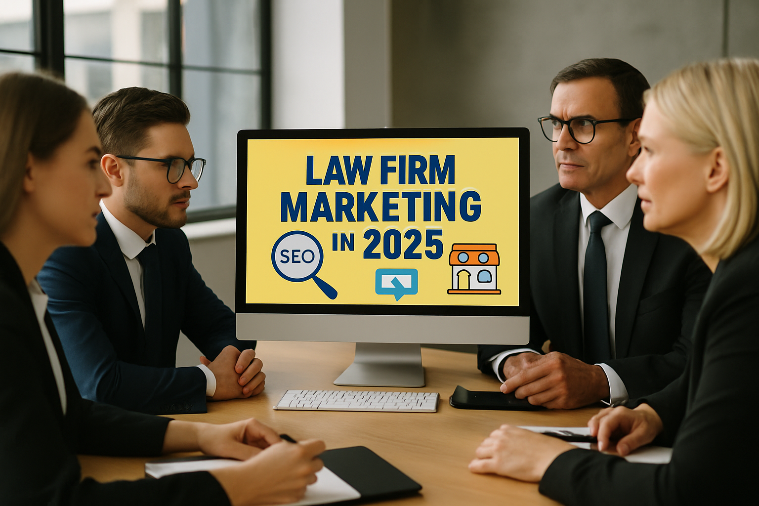 A group of lawyers in a modern office, reviewing something on a computer screen together—capturing teamwork, strategy, and focus.