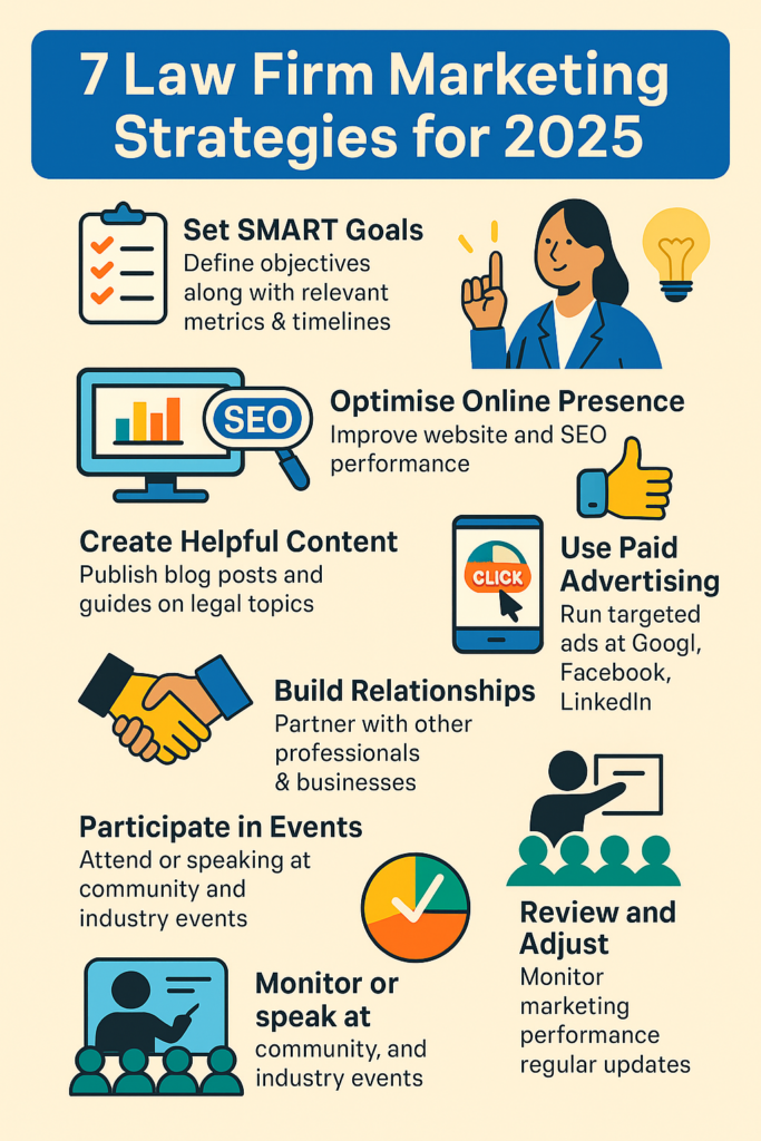 Infographic showing 7 key pillars of law firm marketing in 2025, including SEO, content, ads, automation, and referrals—illustrated with icons in a flat style.